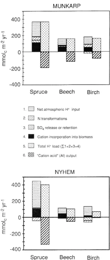 Fig. 2. Total acidity budgets of the spruce, beech and birch forest ecosystems of the two sites.