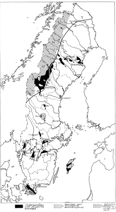 Fig.  1.  Karta  över  de  större  områden  i  Sverige,  där berggrunden icke utgöres av vanligt urberg  med  ungefär  granitisk  (eller  kvartsitisk)  sammansättning.