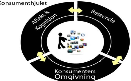 Figur 1: Modellen ovan visar konsumenthjulets delar som alla är beroende av varandra. I mitten syns en figur på  en  människa  bredvid  applikationer  meningen  är  att  illustrera  konsumentbeteendet  av  applikationer  till  mobiltelefoner.