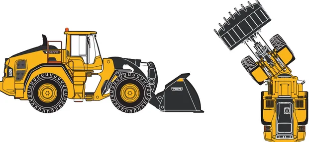 Figure 2: Volvo L260H wheel loader design in side and top view.