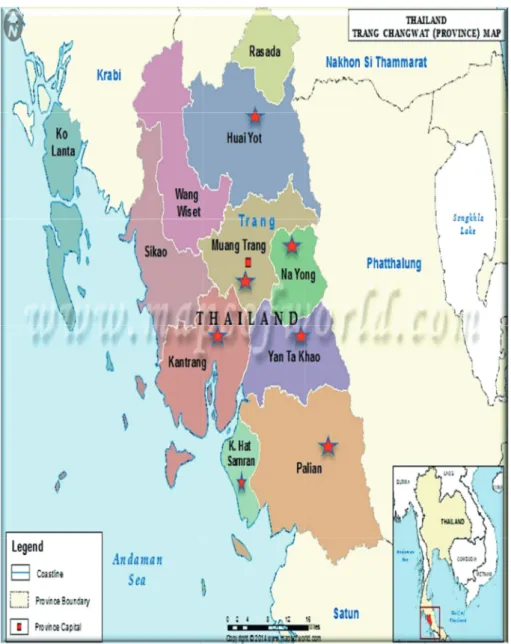 Figure 4 Geographical distribution of the districts in Trang province  (Source: http://www.mapsofworld.com/thailand/provinces/trang-map.html) 