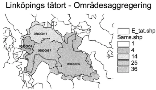 Figur 7 Resulterande områden efter aggregering från jñøra valda startområden som här till Linköpings tätort.