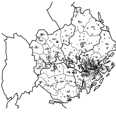 Figur 6 De 41 kommuner som tillsammans utgör den studerade Stockholmsregionen.