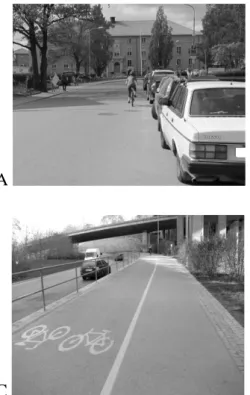Figure 1. Cycling environments used in the study. (A) Mixed traffic. (B) Bicycle lane in the  road way