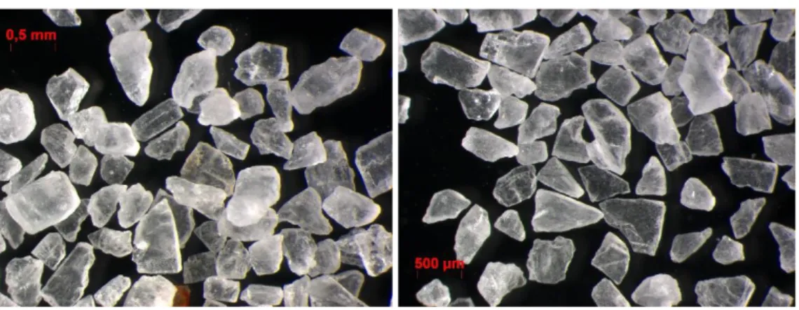 Figur 6. Saltkorn i fraktion 0,125–0,25 mm, GC-salt till vänster och gatusalt till höger