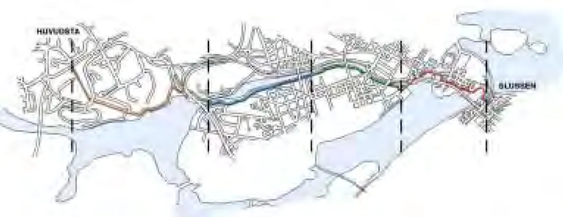 Figur 1  Karta över cykelstråket uppdelat på delsträckor.
