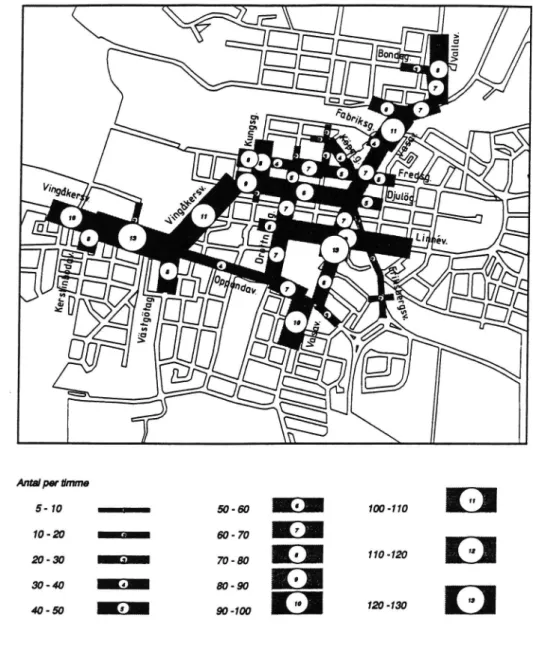 Figur 2 Exempel. Medelantal cyklister per timme dagtid på gatusträckor mellan studerade korsningar i Katrineholms centrala delar