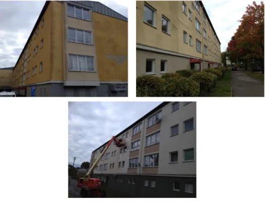 Figure 5.  Houses before painting (above) and while painting  after refurbishing the cracked plaster (below)  Photo: Erik Dahlquist 