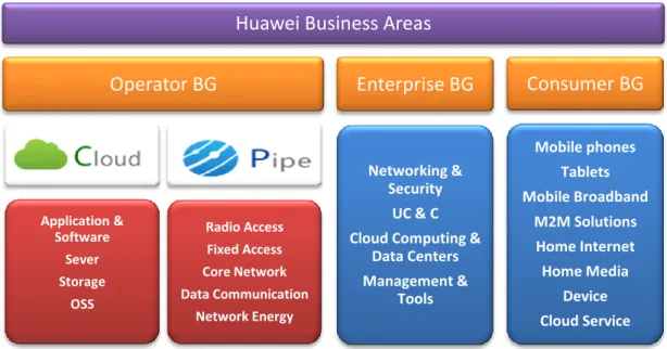 Figure  2.2  illustrates  the  business  lines  of  Huawei.  Overall,  Operator  BG  is  the  most  traditional  business  line  of  Huawei  while  Enterprise  BG  has  been  developed  within  the  last  fifteen  years  and  Consumer use is a relatively n