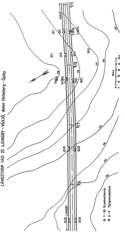 Figur 7. Plankarta med grundvattenrör vid försökssträckan Långstorp.