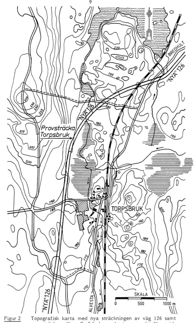Figur 2 Topografisk karta med nya sträckningen av väg 126 samt provsträckans läge. Godkänd ur sekretessynpunkt för  sprid-ning