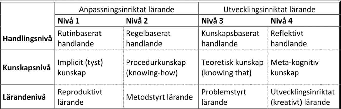 Tabell 2: Beskrivning av Ellströms handlingsteoretiska nivåer 