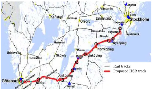 Figure 2: The evaluated HSR rail track in the Stockholm-Gothenburg corridor  Since there are already a type of HSR in the corridor, the travel time gain from a  new HSR track is relatively small, 28 percent