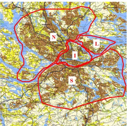 Figure 4: Stockholm divided into inner city (I), northern suburbs (N), southern suburbs (S) and Lidingö (L)