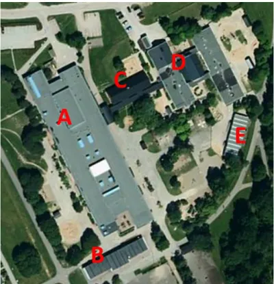 Figur 5. Vy över Rönnbyskolan och Rönnby förskola. Byggnad A, B och C tillhör Rönnbyskolan och  byggnad D och E ingår i Rönnby förskola