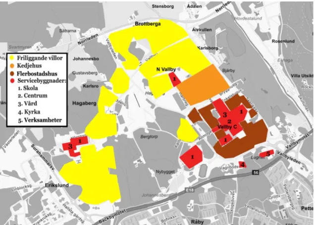 Figur 16. Karta över hela Vallbyområdet som ska studeras (Eniro 2014) 