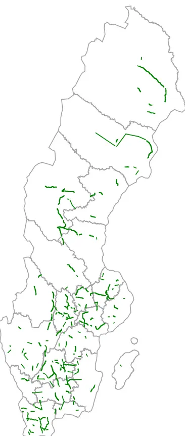 Figur 1   Karta över sträckor med räfflad vägmitt per december 2008 
