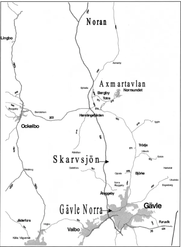 Figur 1 Karta för aktuellt vägnät. Gävle Norra -Skarvsjön 13:2+1_rä ijuni 1998. SkarvsjÖn-Axmartavlan 13.°2+1_m i augusti 1997
