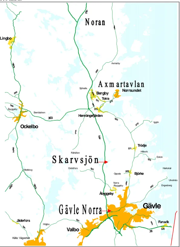 Figur 1  Karta för aktuellt vägnät. Gävle Norra –Skarvsjön 13:2+1_rä i juni 1998. Skarvsjön-Axmartavlan 13:2+1_m i augusti 1997