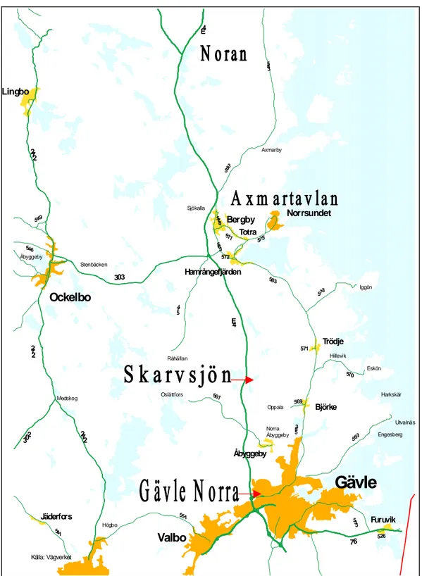 Figur 1  Karta för aktuellt vägnät. Gävle Norra –Skarvsjön 13:2+1_rä i juni 1998. Skarvsjön–Axmartavlan 13:2+1_m i augusti 1997