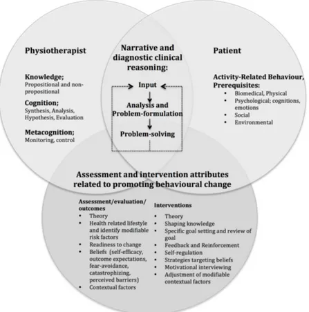 Figure 1. First version of a clinical reasoning model focused on clients’ behaviour change with reference  to physiotherapists