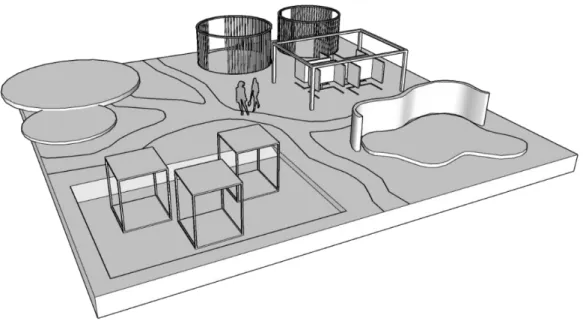 Figur 1 – Digital tredimensionell avskalad skiss av ett aktivitetsbaserat utomhuskontor