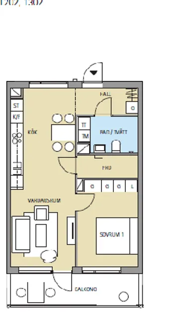 Figur 4.  Planritning för två rum och kök plan 0, (bostadvasteras.se). 