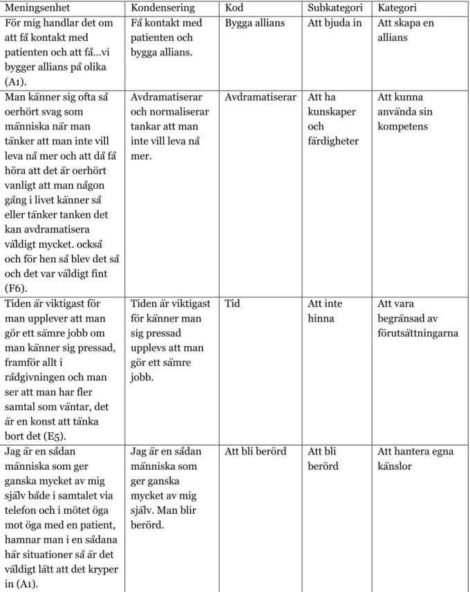 Tabell 1. Urklipp ur analys innehållsmatris. 