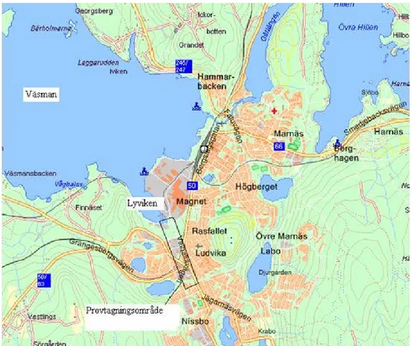Figur 1. Karta över Ludvika. Inom provtagningsområdet finns alla provtagningspunkter. Eniro 08-04-09