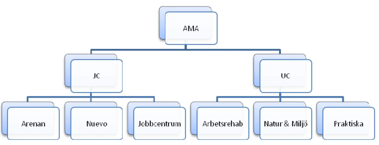 Figur 2: Modell över AMA:s verksamhet och de sex avdelningar som vi studerat 