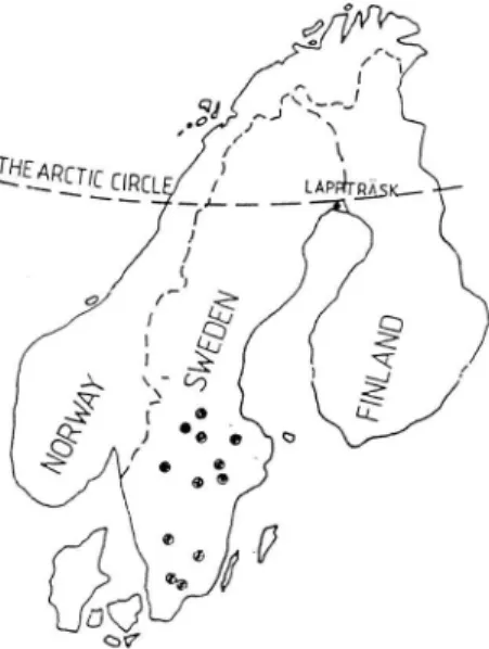 Figur 2  Geografisk  lokalisering  av  vägsträckor  för  utveckling  av  ett  asfalttöj-  ningskriterium.