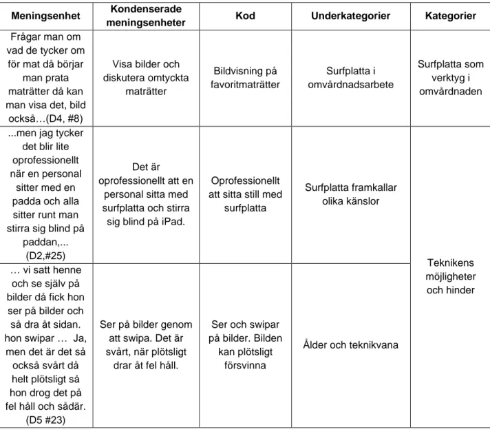 Tabell 2: Exempel av mall som användes under analysen (se punkt 4 ovan) 