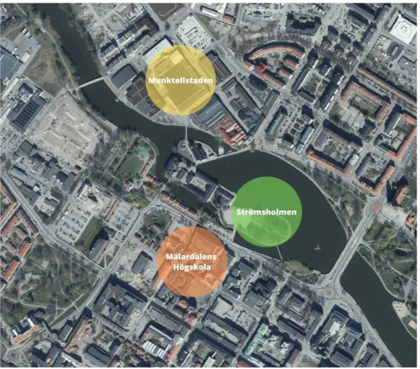 Figur 7: De tre studerade områdena. Karta: Eskilstuna stad, visualisering av  Alicia Fundberg