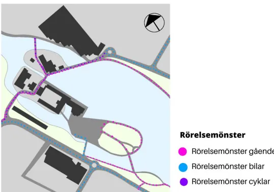 Figur 12: Karta som visualiserar gående, bilar och cyklars rörelsemönster. 