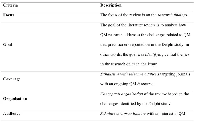 Table 2. Overview of the literature review: Classification criteria proposed by Hochrein and Glock (2012) and  Hochrein et al