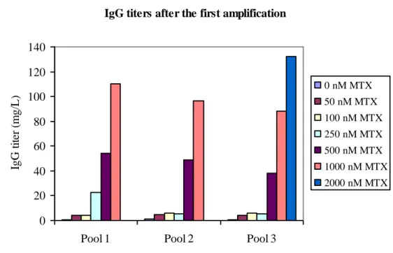 Figure  3:  IgG  titers  measured  in  14-days-batch  supernatants  from  the  three  cell  pools after the first amplification with MTX added to medium of MTX