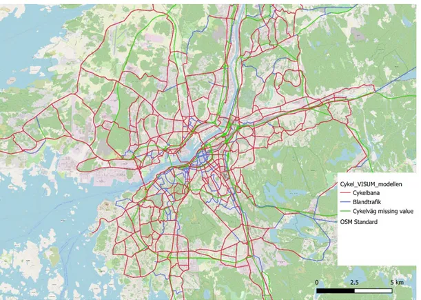 Figur 8. Karta över det cykelvägnät som ingår i Göteborgs VISUM-modell. Källa: Göteborgs stad