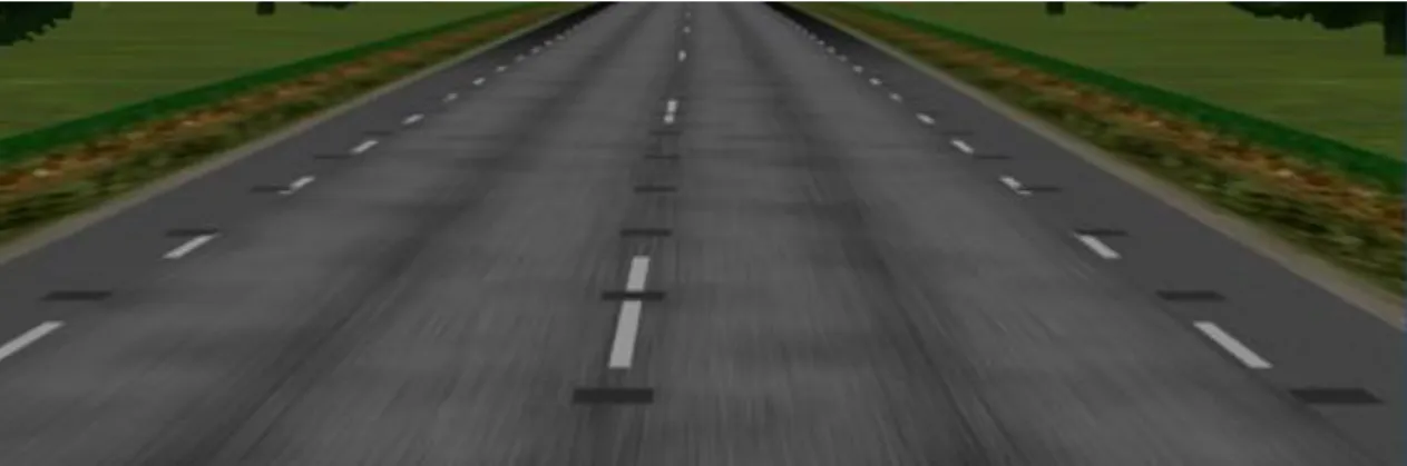 Figure 7: The simulated rumble strips setup showing the rumble strips at road centre  and at both lane edges