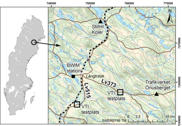 Figur 1. Översikt av testplatserna. © Lantmäteriet, Trafikverket, SMHI, VTI 2018.  