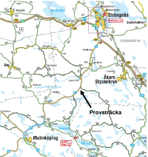 Figur 1. Provsträcka på riksväg 55 mellan Malmköping och Strängnäs. Kartbild: Trafikverkets  vägkartor 2012