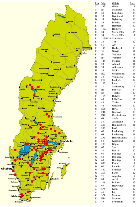 Figur 6          Observationsobjektens/-sträckornas läge.  Län Väg Objekt AntalC 292 Gimo 9C E4 Månkarbo  10D 20 Eskilstuna 14D 53 Kvicksund 18D 53 Nyköping 10E 34 Brokind 16E E4 Herrbeta 17E 1173  Rejmyre 9E 34 Skeda Udde 15E 34 Skeda Udde 1E 215/1153 Skä