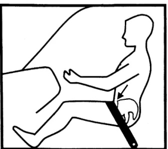 Figur 2  Pilen indikerar ett utskott på övre bäckenbenskanten, spina iliaca  anterior superior, hos en vuxen person och dess relation till korrekt applicering  av bältets höftdel mot kroppen