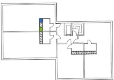 Figur 8: Idéförslag på en framtida fastighet inom Västerås ritad av Arkitektbyrån Kjellander +  Sjöberg med blå markör för elsektionen samt grön markör för vattensektionen i 