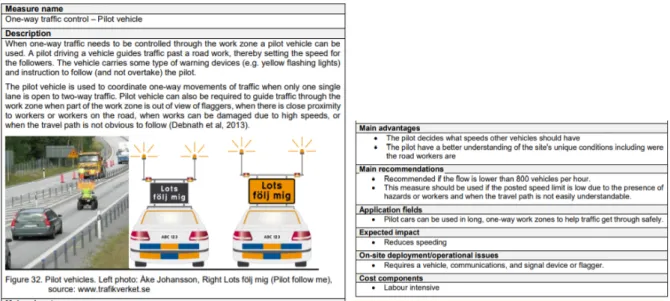 Figur 1. Exempel på faktablad för en åtgärd som syftar till att anpassa trafikanters hastigheter vid  vägarbeten, i detta fall åtgärden lotsbil för kontroll av trafik i en riktning (källa: Sörensen m.fl., 2015,  foto Åke Johansson)