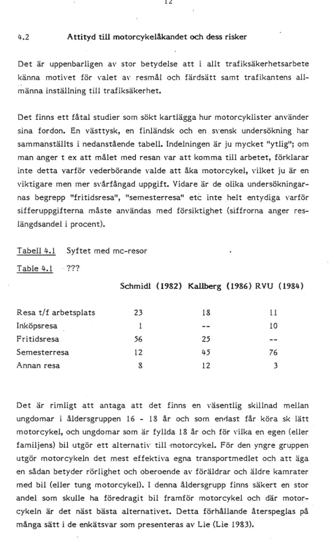 Tabell 4.1 Syftet med mc-resor Table 4.1 - ?'??