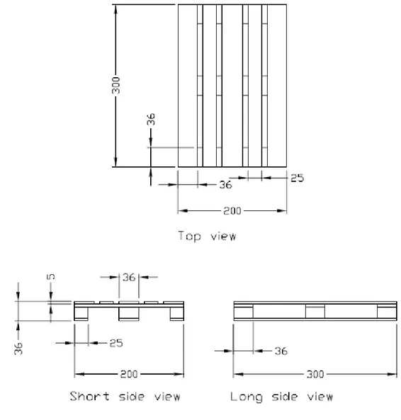 Figure 3. The measurements of the scaled down wooden pallets [5]. 