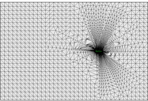 Figure 6.7: The finished mesh along the symmetry plane with the  model contour highlighted in green