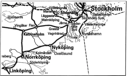 FIG. 1. Map showing the railway lines (thick lines) between Stockholm and Linköping. Järna is about 47 km southwest from Stockholm, Katrineholm about 134 km and Linköping about 225 km.
