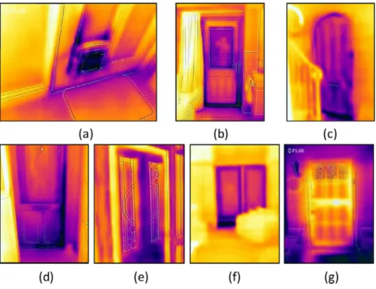 Fig. 12. IR images with visual edges of doors taken by participants, a)P06, b)P13, c)P17, d)P42, e)P45, f) p48 and g)P50.