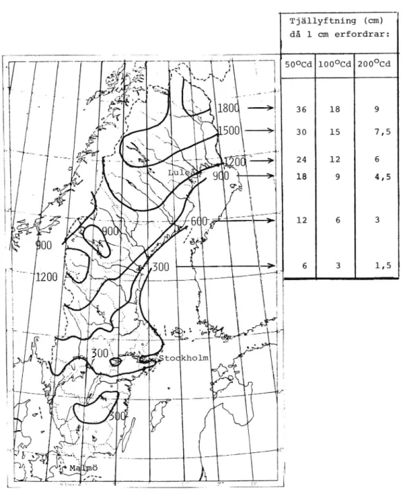 Figur 3. Medelköldmängden (OC-d) i landet och motsva- motsva-rande tjällyftningar fög  tjällyftningskvo-terna 50, 100 och 200 ( C°d/cm).